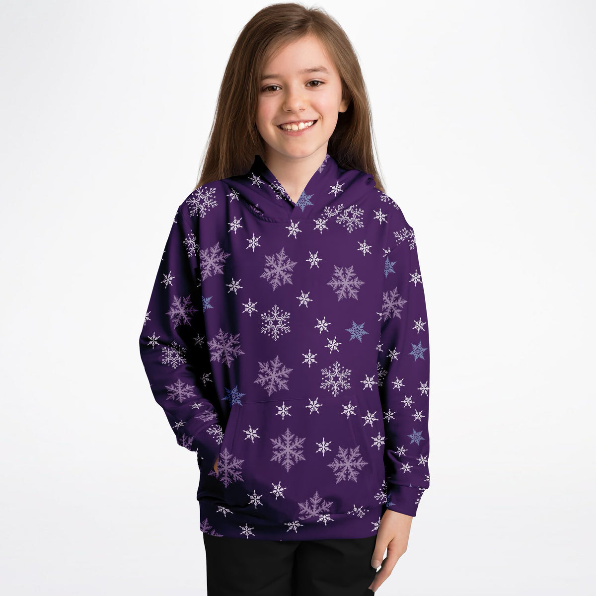 Kids Purple Snowflakes Christmas Hoodie – Ultra Comfy & Stretchy, Cozy Fleece or Lightweight Sports Fabric, Double-Layer Hood & Kangaroo Pocket