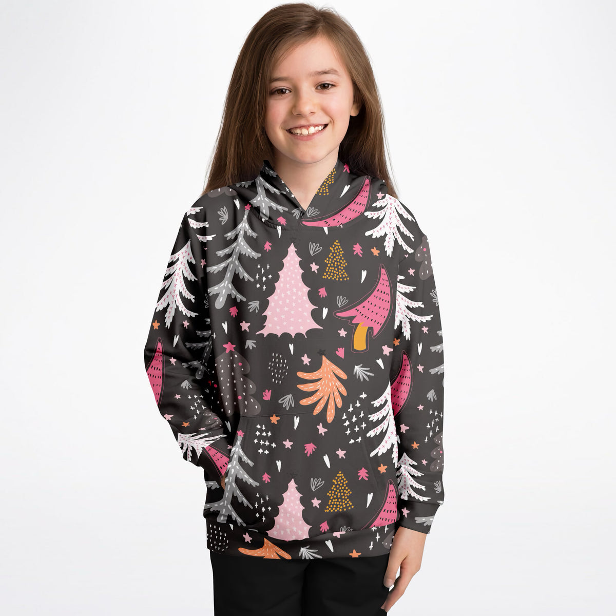 Girls Dark Brown Christmas Tree Hoodie – Ultra Comfy & Stretchy, Cozy Fleece or Lightweight Sports Fabric, Double-Layer Hood & Kangaroo Pocket