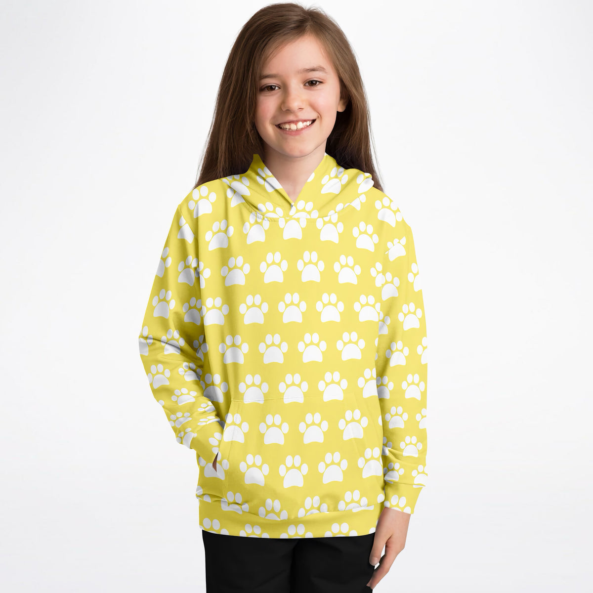 Kids Yellow Paw Print Hoodie – Ultra Comfy & Stretchy, Cozy Fleece or Lightweight Sports Fabric, Double-Layer Hood & Kangaroo Pocket