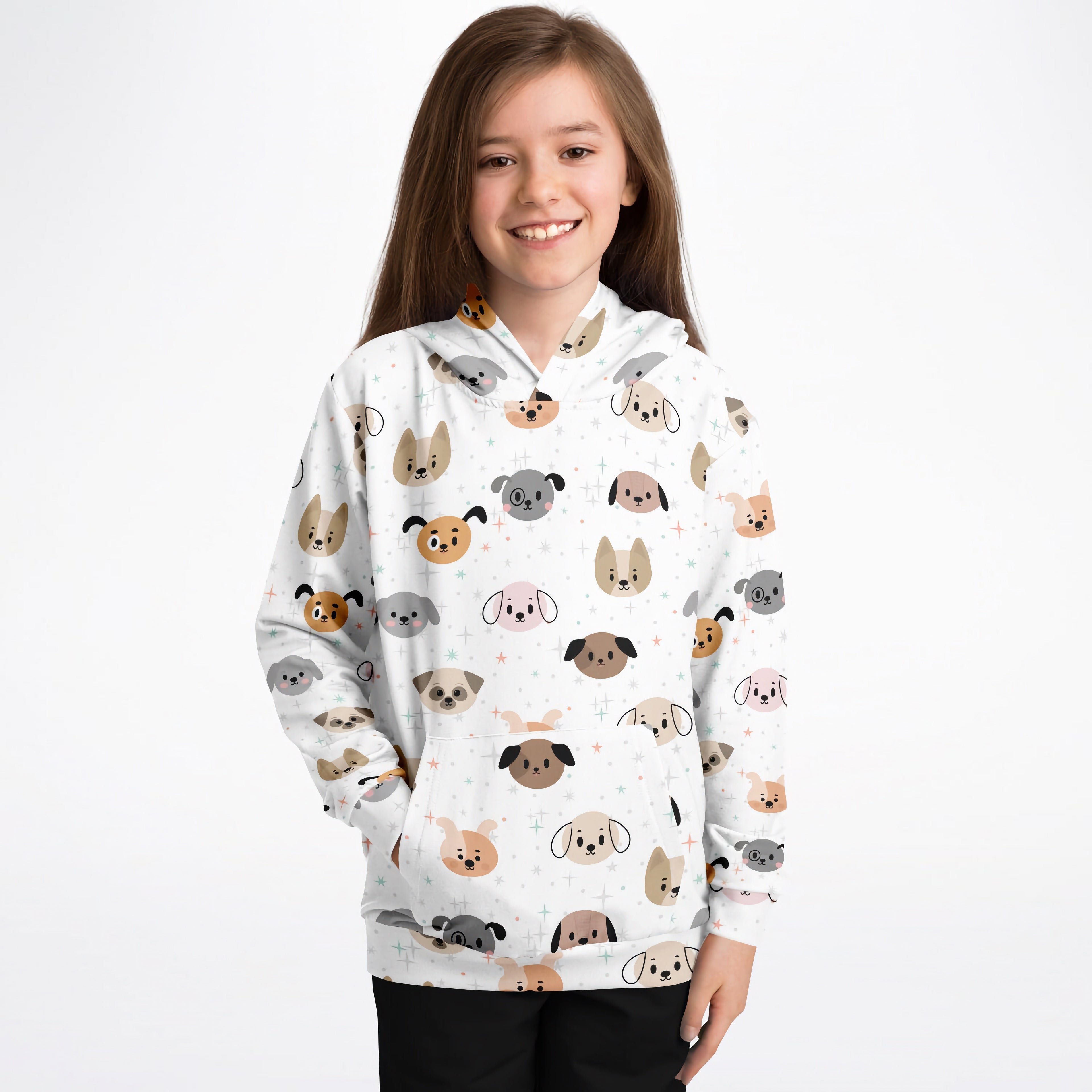 White kids dog face hoodie with playful beige gray and pink cartoon dog pattern in cozy cotton fleece material