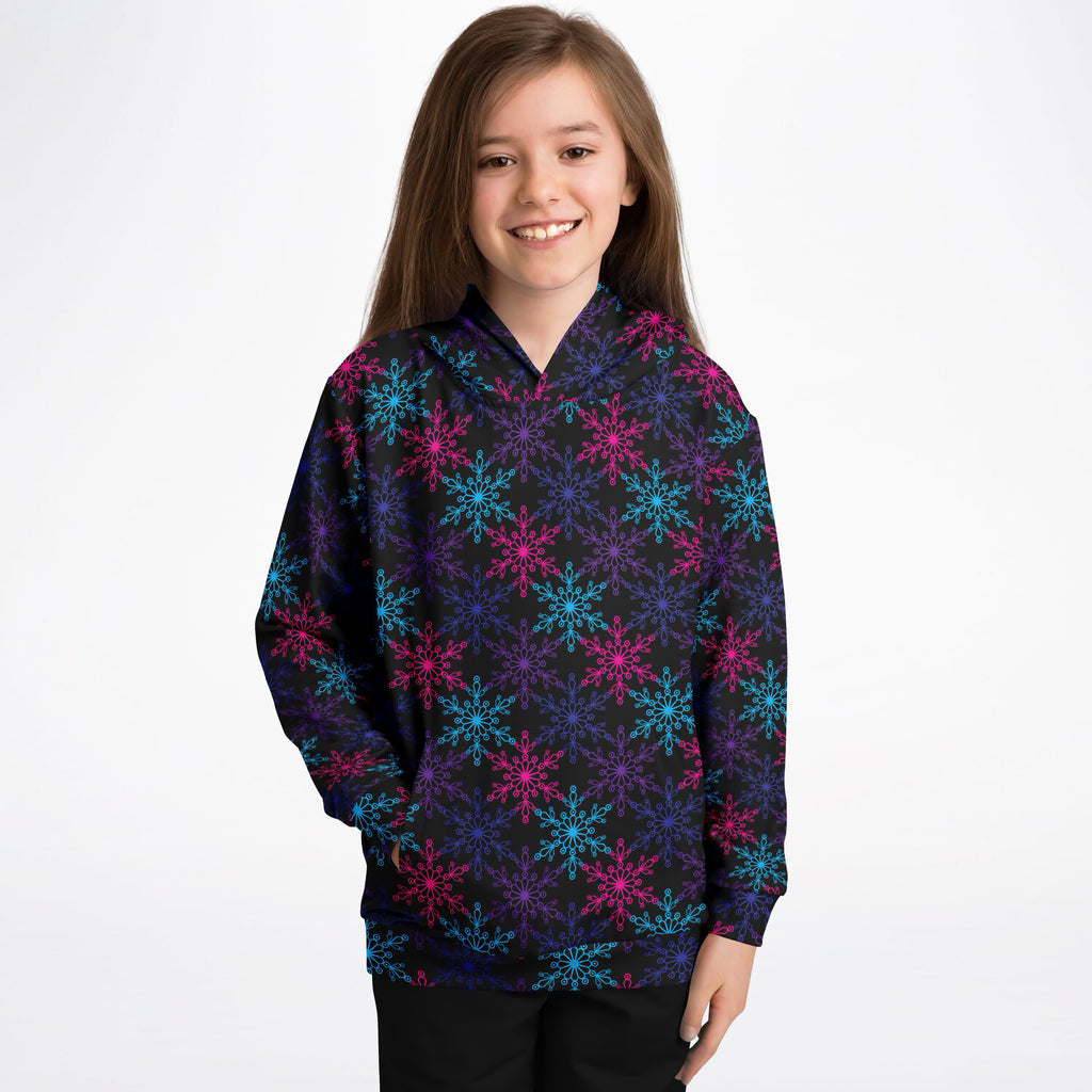 Kids Vibrant Snowflake Christmas Hoodie – Ultra Comfy & Stretchy, Cozy Fleece or Lightweight Sports Fabric, Double-Layer Hood & Kangaroo Pocket