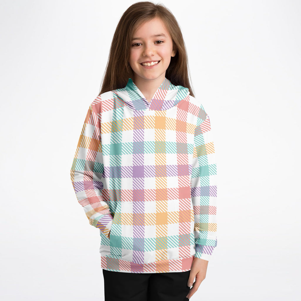 Girls Colorful Pastel Plaid Hoodie – Ultra Comfy & Stretchy, Cozy Fleece or Lightweight Sports Fabric, Double-Layer Hood & Kangaroo Pocket