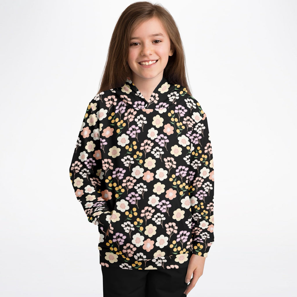 Girls Black Floral Hoodie – Ultra Comfy & Stretchy, Cozy Fleece or Lightweight Sports Fabric, Double-Layer Hood & Kangaroo Pocket
