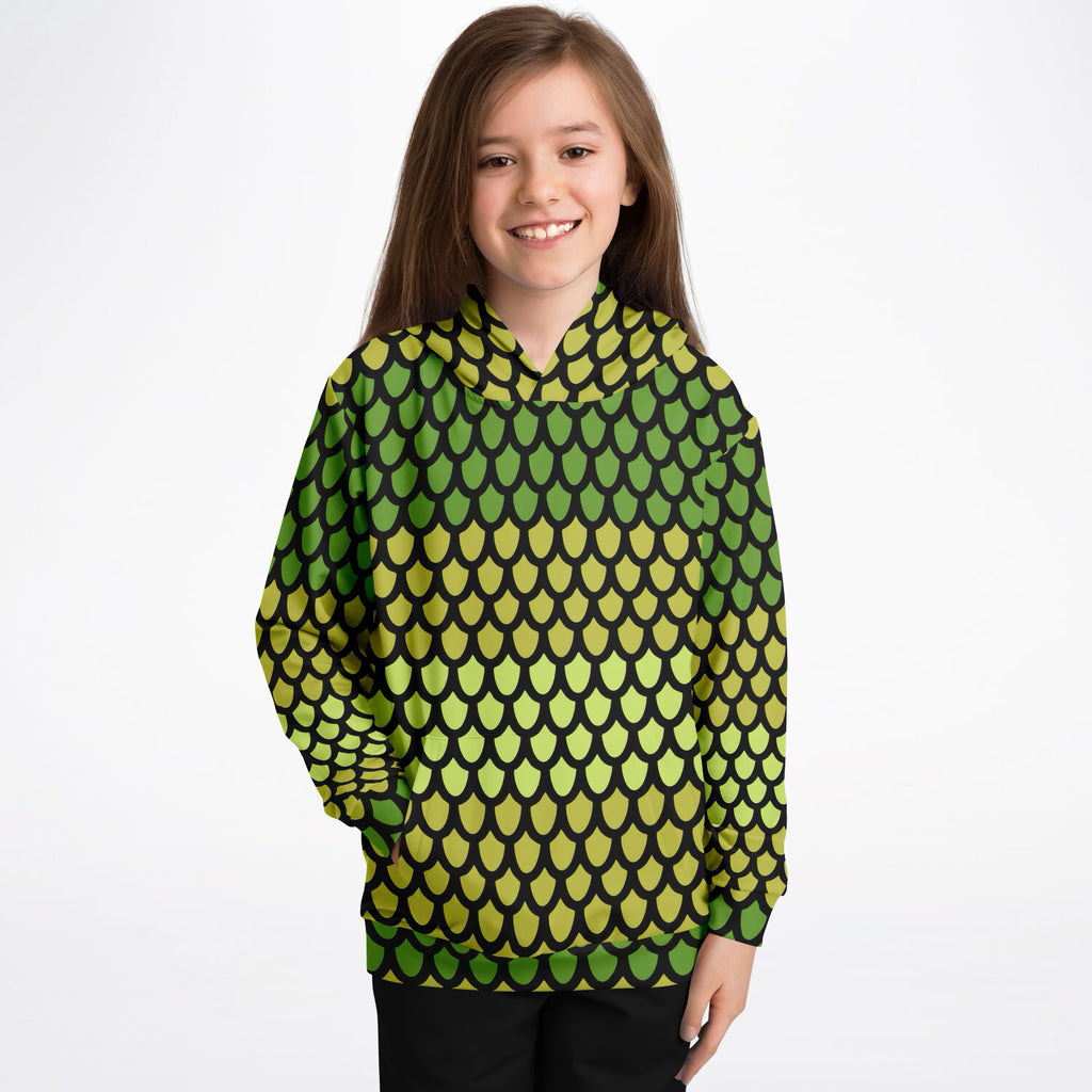 Kids Green Dragon Scales Hoodie – Ultra Comfy & Stretchy, Cozy Fleece or Lightweight Sports Fabric, Double-Layer Hood & Kangaroo Pocket