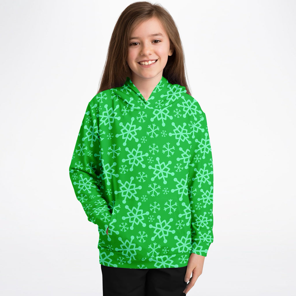 Kids Green Snowflake Christmas Hoodie – Ultra Comfy & Stretchy, Cozy Fleece or Lightweight Sports Fabric, Double-Layer Hood & Kangaroo Pocket