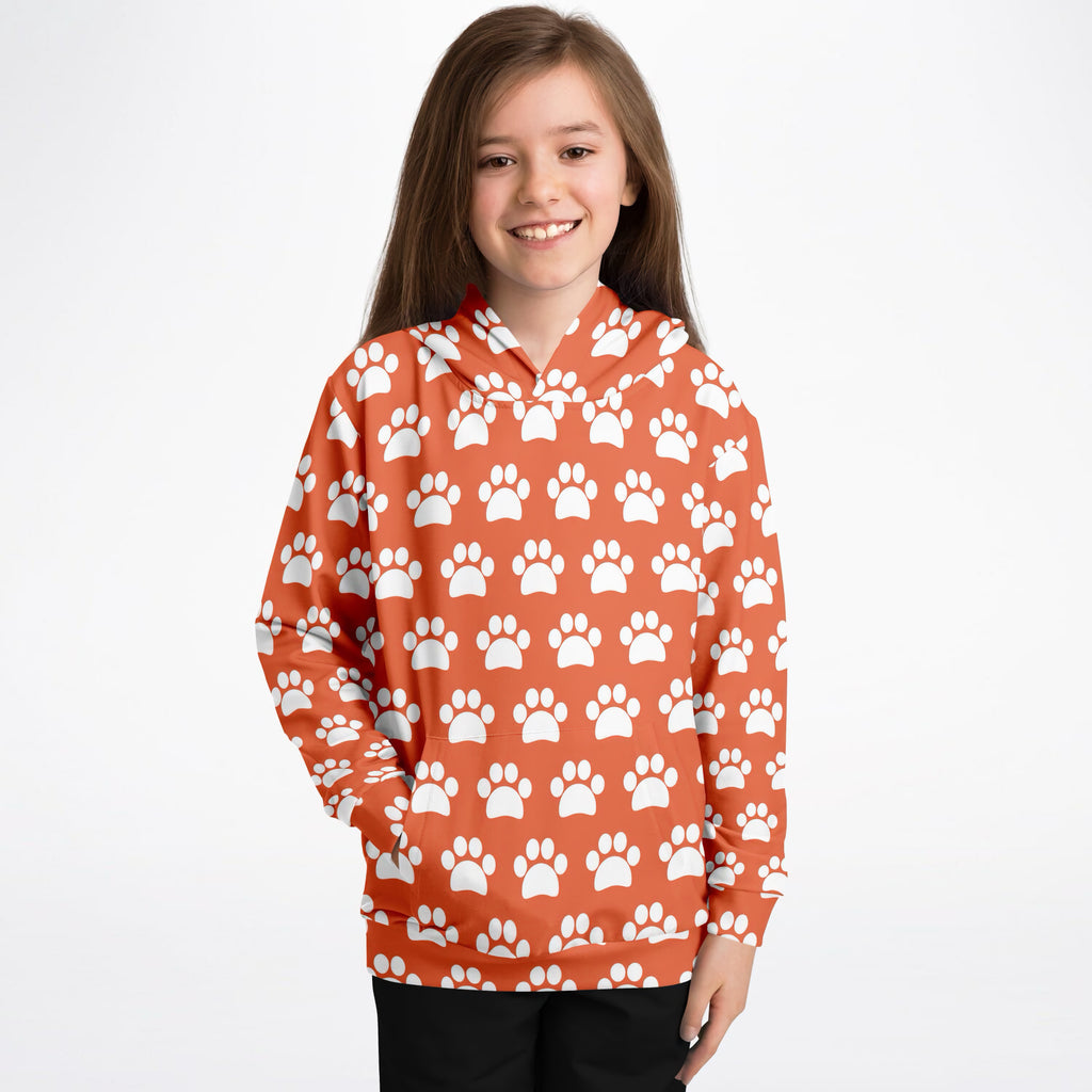 Kids Orange Paw Print Hoodie – Ultra Comfy & Stretchy, Cozy Fleece or Lightweight Sports Fabric, Double-Layer Hood & Kangaroo Pocket