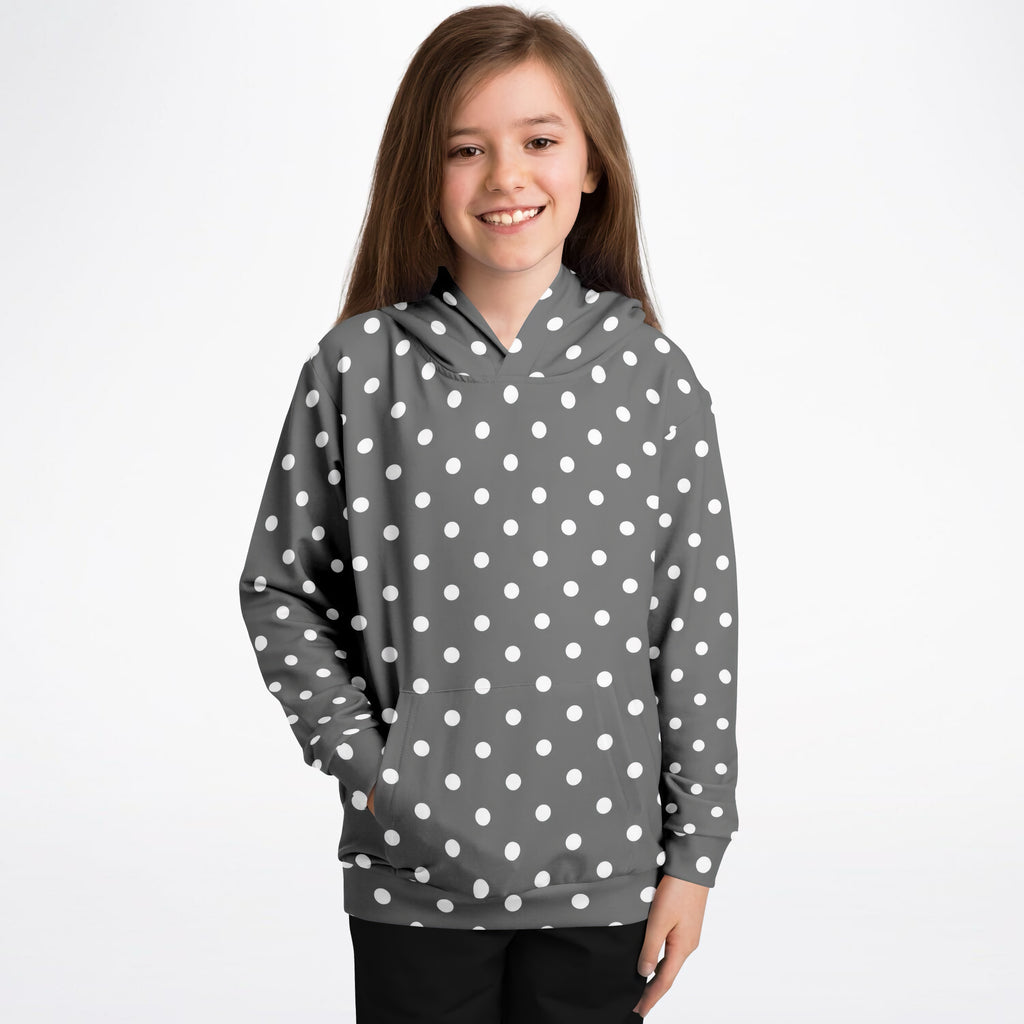 Kids Gray Polka Dot Hoodie – Ultra Comfy & Stretchy, Cozy Fleece or Lightweight Sports Fabric, Double-Layer Hood & Kangaroo Pocket
