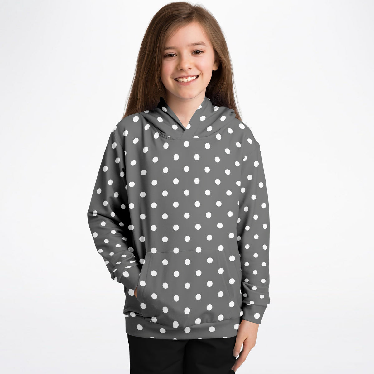 Kids Gray Polka Dot Hoodie – Ultra Comfy & Stretchy, Cozy Fleece or Lightweight Sports Fabric, Double-Layer Hood & Kangaroo Pocket