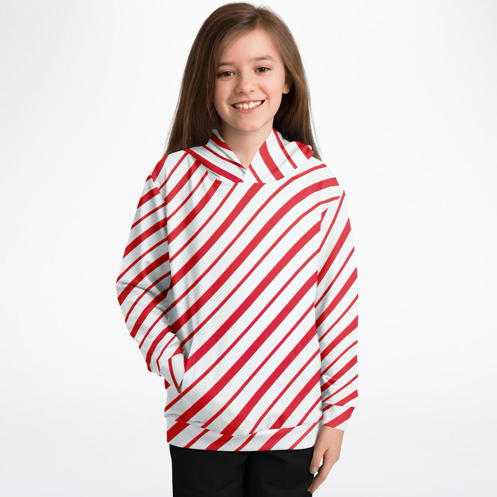 Kids Red & White Candy Cane Striped Christmas Hoodie – Ultra Comfy & Stretchy, Cozy Fleece or Lightweight Sports Fabric, Double-Layer Hood & Kangaroo Pocket