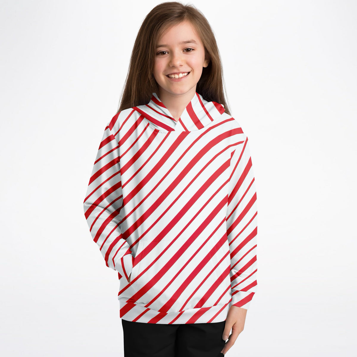 Kids Red & White Candy Cane Striped Christmas Hoodie – Ultra Comfy & Stretchy, Cozy Fleece or Lightweight Sports Fabric, Double-Layer Hood & Kangaroo Pocket