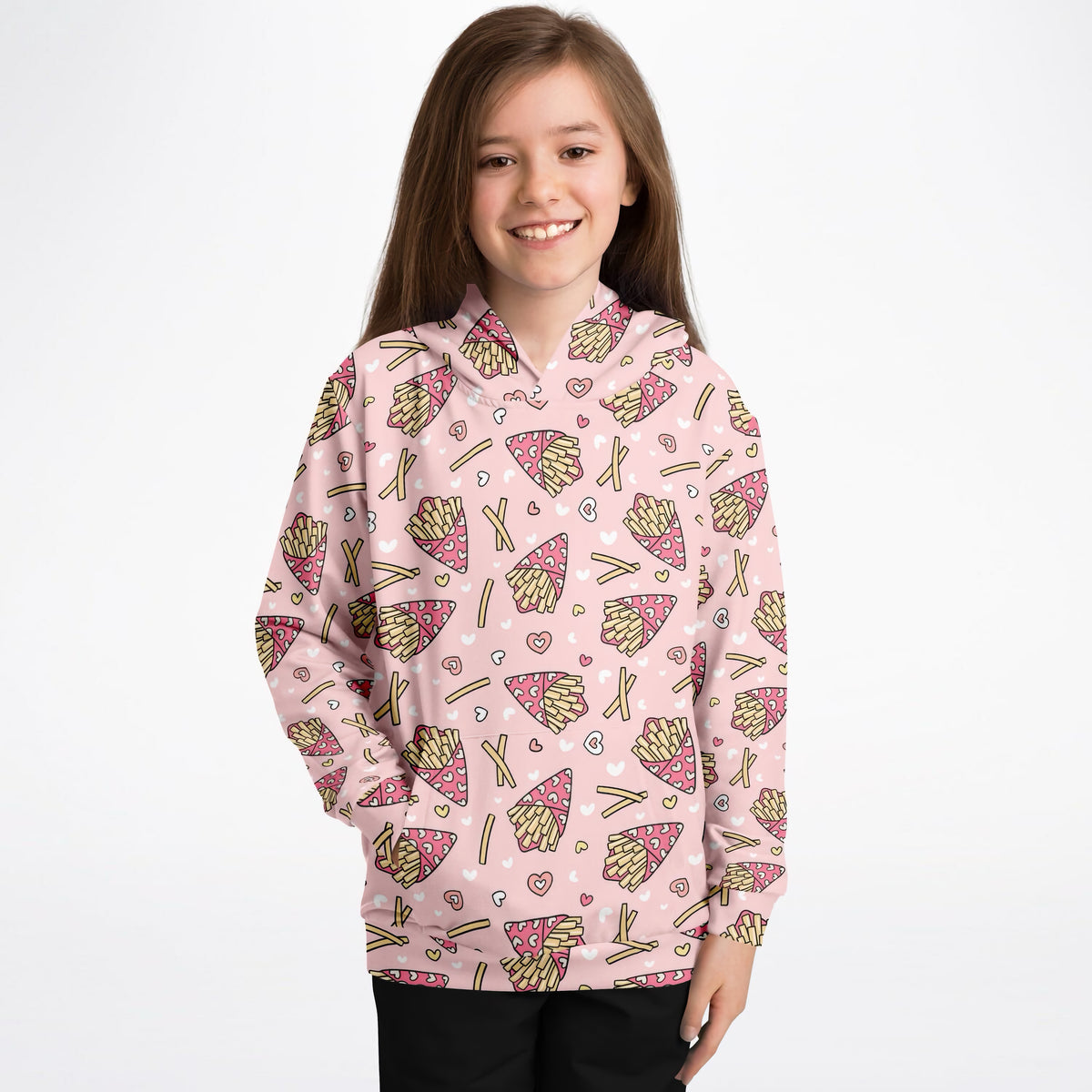 Girls Pink French Fries Hoodie – Ultra Comfy & Stretchy, Cozy Fleece or Lightweight Sports Fabric, Double-Layer Hood & Kangaroo Pocket