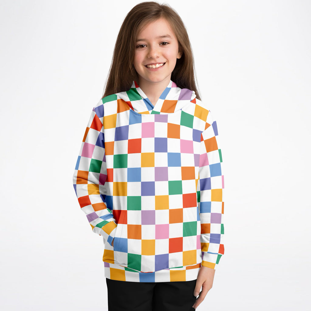 Girls Bright Rainbow Checkered Hoodie – Ultra Comfy & Stretchy, Cozy Fleece or Lightweight Sports Fabric, Double-Layer Hood & Kangaroo Pocket