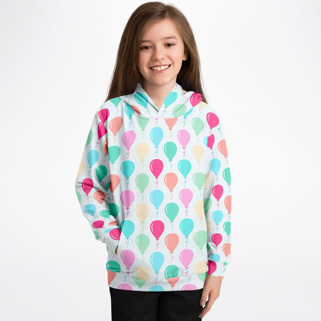 Kids Colorful Birthday Balloons Hoodie – Ultra Comfy & Stretchy, Cozy Fleece or Lightweight Sports Fabric, Double-Layer Hood & Kangaroo Pocket