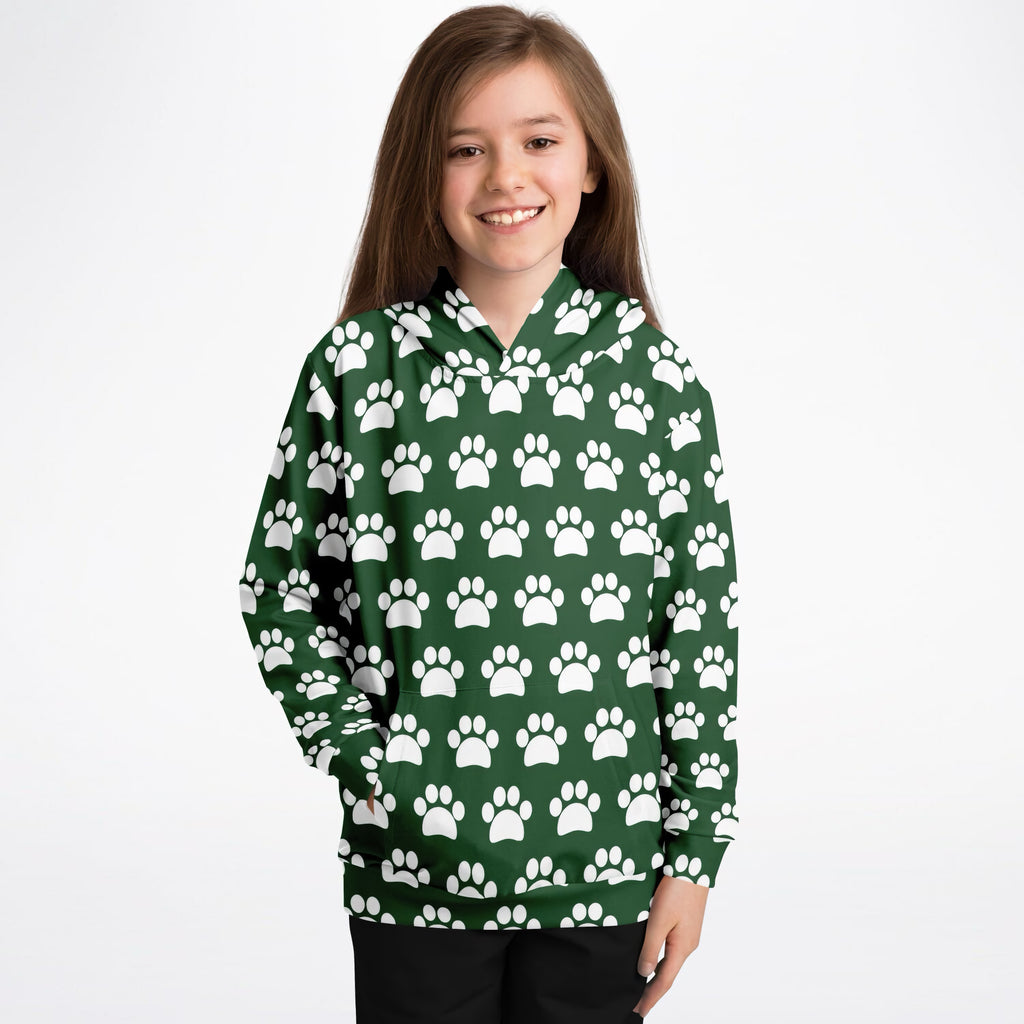 Kids Forest Green Paw Print Hoodie – Ultra Comfy & Stretchy, Cozy Fleece or Lightweight Sports Fabric, Double-Layer Hood & Kangaroo Pocket