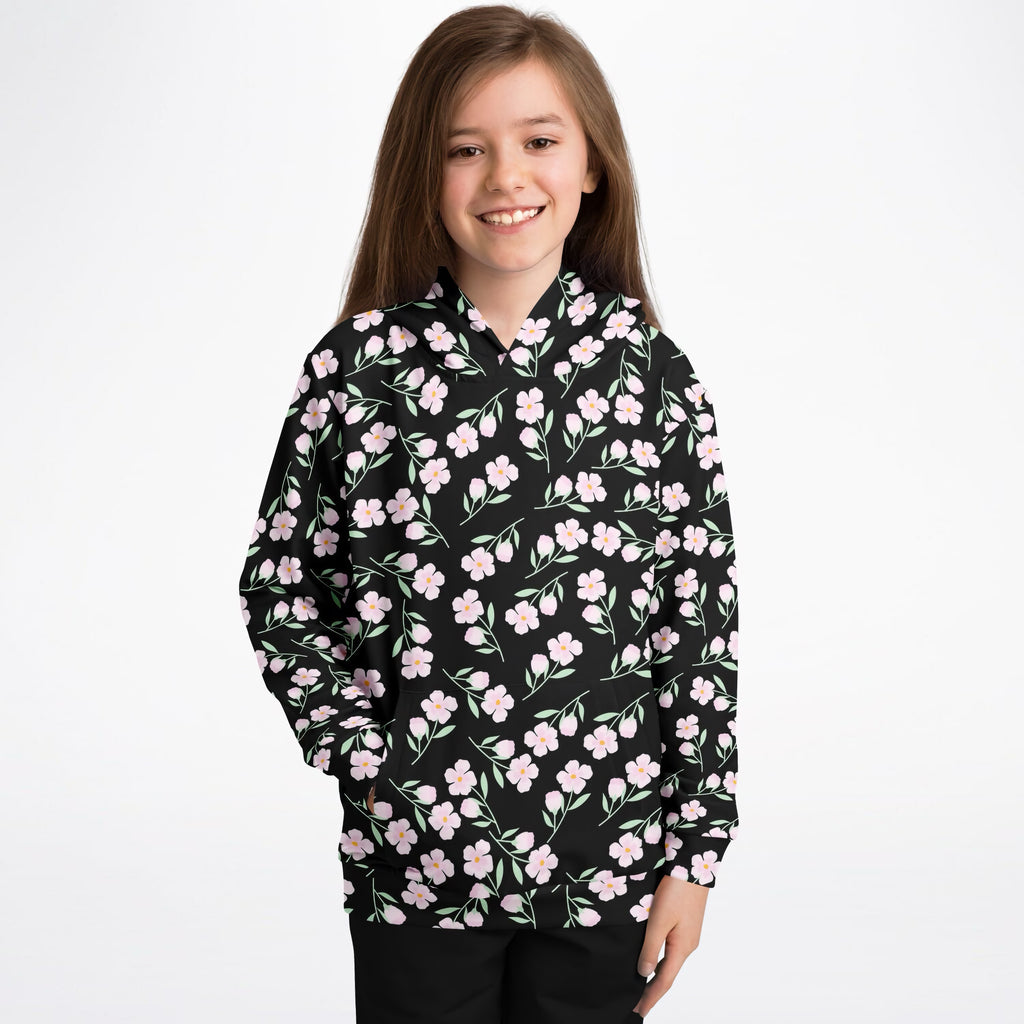 Girls Pink Flowers Hoodie – Ultra Comfy & Stretchy, Cozy Fleece or Lightweight Sports Fabric, Double-Layer Hood & Kangaroo Pocket