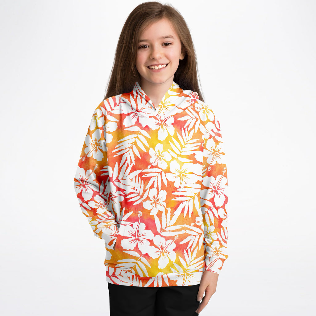 Kids Sunset Orange Tropical Hibiscus Hoodie – Ultra Comfy & Stretchy, Cozy Fleece or Lightweight Sports Fabric, Double-Layer Hood & Kangaroo Pocket
