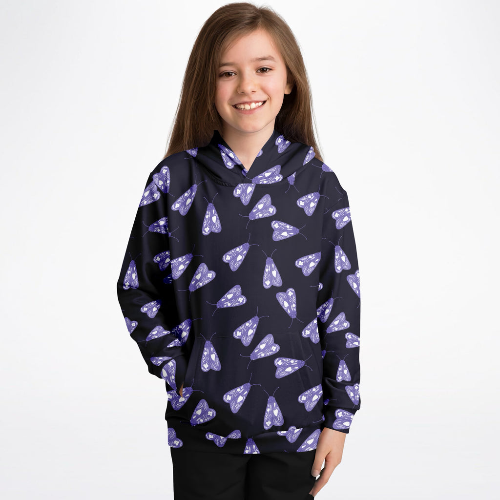 Kids Purple Moth Hoodie – Ultra Comfy & Stretchy, Cozy Fleece or Lightweight Sports Fabric, Double-Layer Hood & Kangaroo Pocket