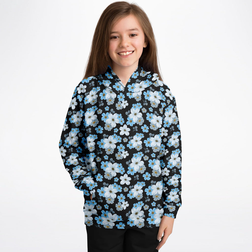 Girls Beautiful Sky Blue Flowers Hoodie – Ultra Comfy & Stretchy, Cozy Fleece or Lightweight Sports Fabric, Double-Layer Hood & Kangaroo Pocket