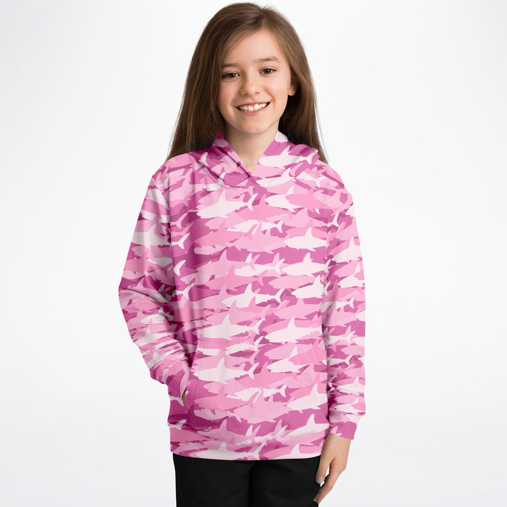 Girls Pink Shark Camouflage Hoodie – Ultra Comfy & Stretchy, Cozy Fleece or Lightweight Sports Fabric, Double-Layer Hood & Kangaroo Pocket