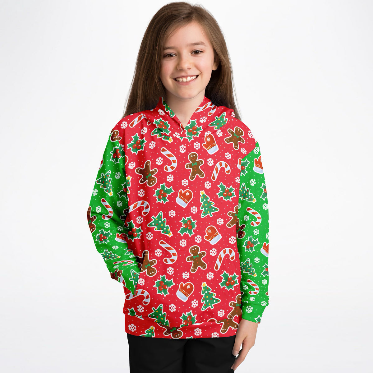 Kids Red & Green Christmas Icons Hoodie – Ultra Comfy & Stretchy, Cozy Fleece or Lightweight Sports Fabric, Double-Layer Hood & Kangaroo Pocket