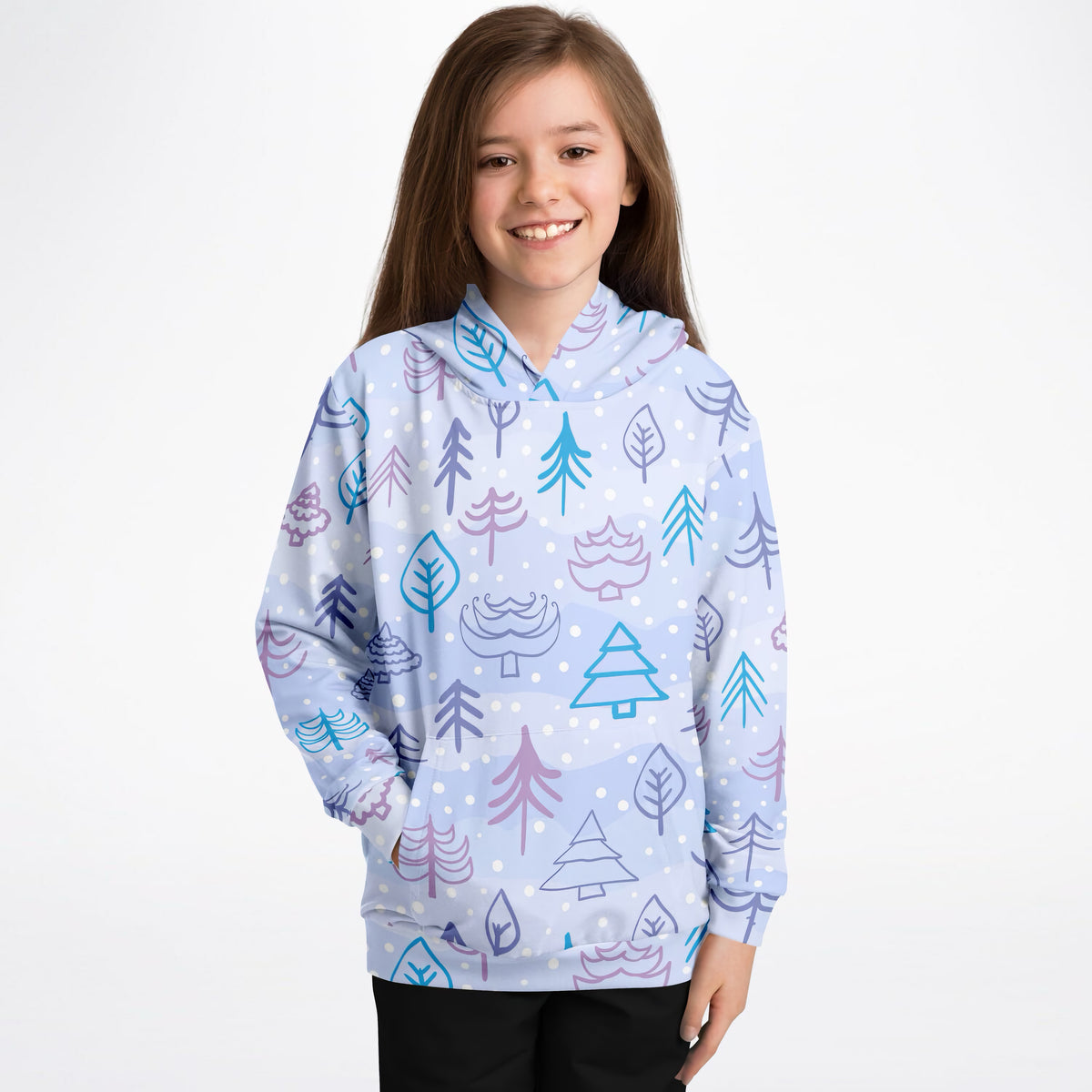 Kids Pastel Blue Christmas Tree Hoodie – Ultra Comfy & Stretchy, Cozy Fleece or Lightweight Sports Fabric, Double-Layer Hood & Kangaroo Pocket