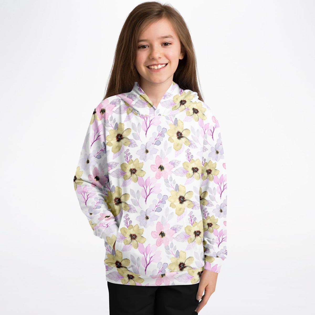 Girls Pastel Watercolor Floral Hoodie – Ultra Comfy & Stretchy, Cozy Fleece or Lightweight Sports Fabric, Double-Layer Hood & Kangaroo Pocket