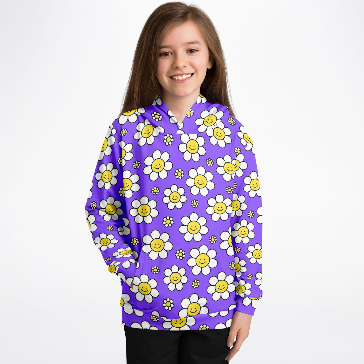 Girls Purple Smile Daisy Hoodie – Ultra Comfy & Stretchy, Cozy Fleece or Lightweight Sports Fabric, Double-Layer Hood & Kangaroo Pocket
