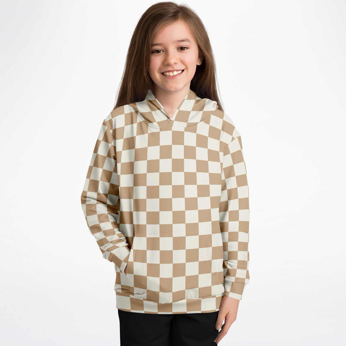 Kids Beige Checkered Hoodie – Ultra Comfy & Stretchy, Cozy Fleece or Lightweight Sports Fabric, Double-Layer Hood & Kangaroo Pocket