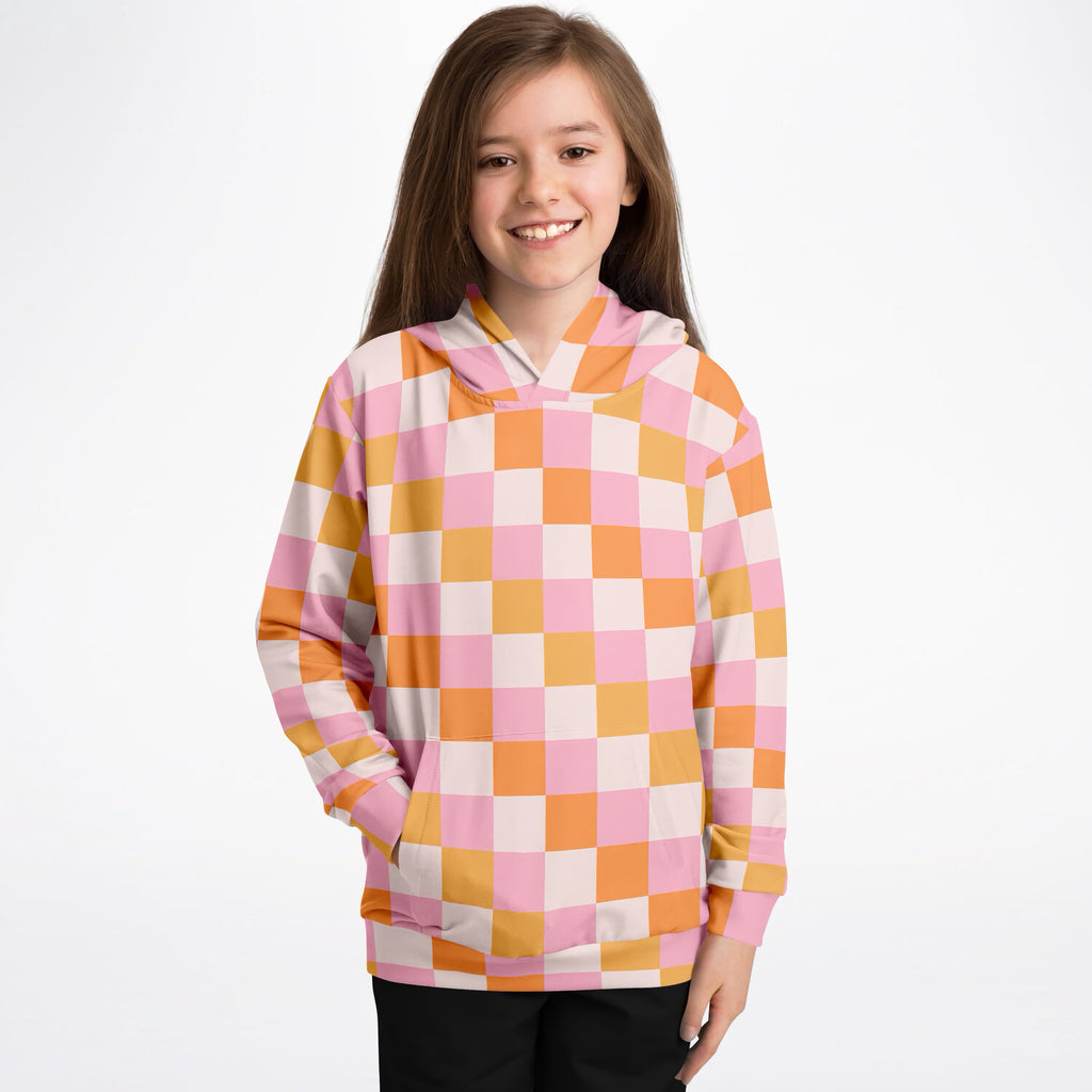 Girls Sunset Checkered Hoodie – Ultra Comfy & Stretchy, Cozy Fleece or Lightweight Sports Fabric, Double-Layer Hood & Kangaroo Pocket
