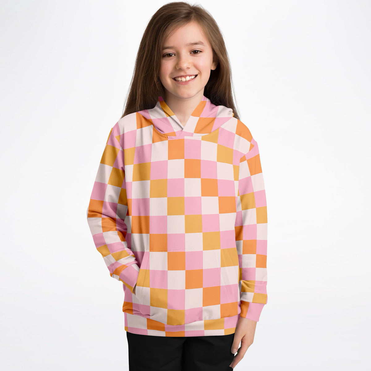 Girls Sunset Checkered Hoodie – Ultra Comfy & Stretchy, Cozy Fleece or Lightweight Sports Fabric, Double-Layer Hood & Kangaroo Pocket