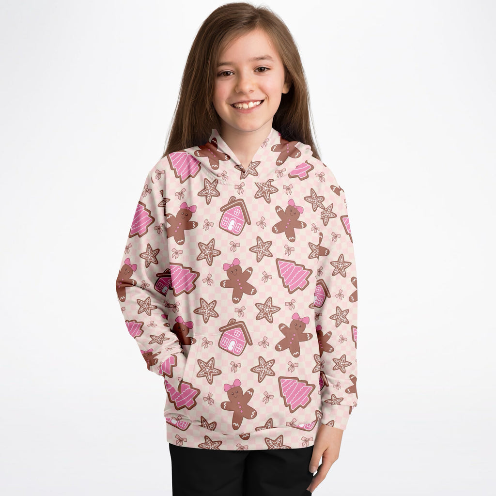 Girls Pink Gingerbread Christmas Hoodie – Ultra Comfy & Stretchy, Cozy Fleece or Lightweight Sports Fabric, Double-Layer Hood & Kangaroo Pocket