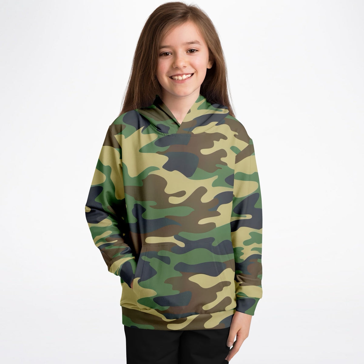Kids Green Classic Woodland Camouflage Hoodie – Ultra Comfy & Stretchy, Cozy Fleece or Lightweight Sports Fabric, Double-Layer Hood & Kangaroo Pocket