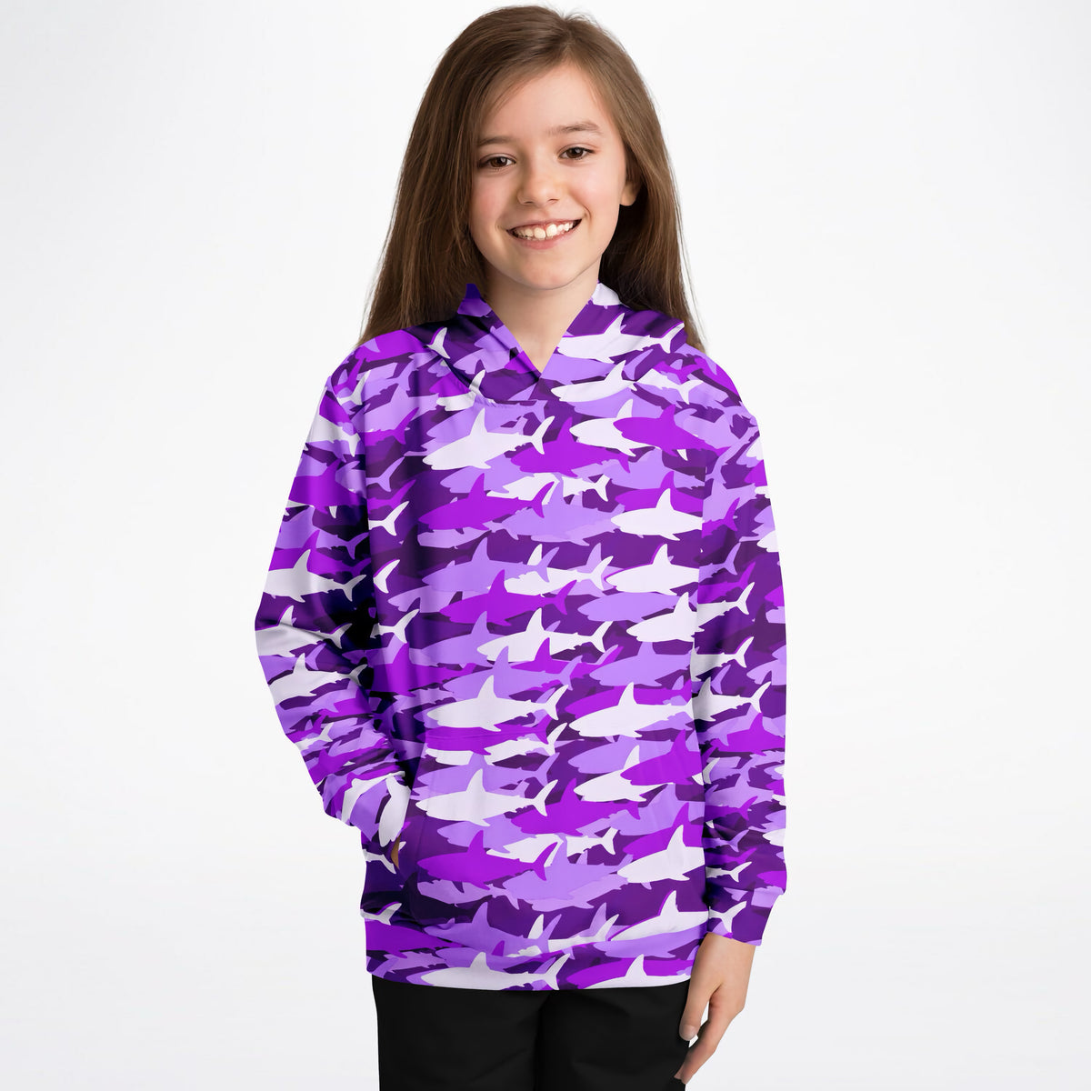 Girls Purple Shark Camouflage Hoodie – Ultra Comfy & Stretchy, Cozy Fleece or Lightweight Sports Fabric, Double-Layer Hood & Kangaroo Pocket