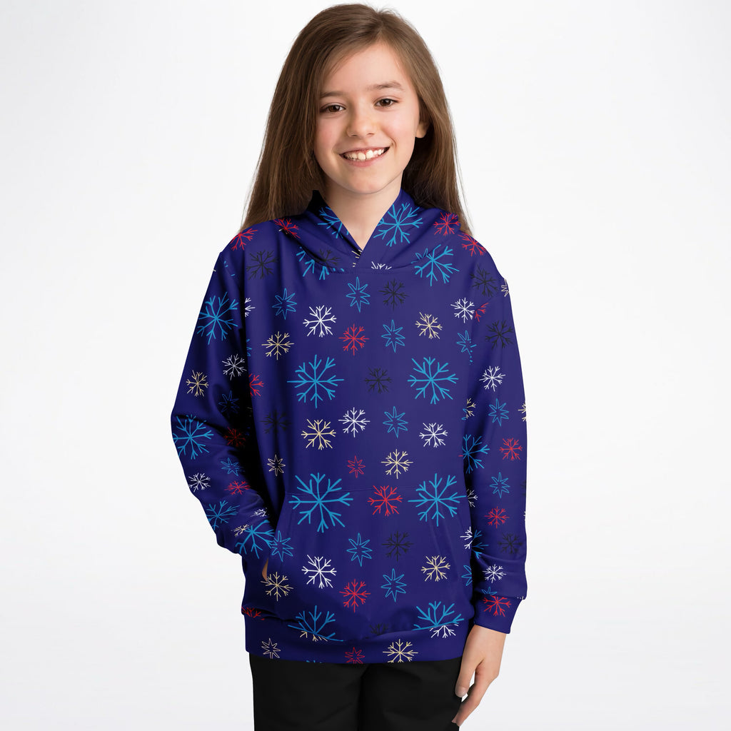 Kids Colorful Blue Snowflake Hoodie – Ultra Comfy & Stretchy, Cozy Fleece or Lightweight Sports Fabric, Double-Layer Hood & Kangaroo Pocket