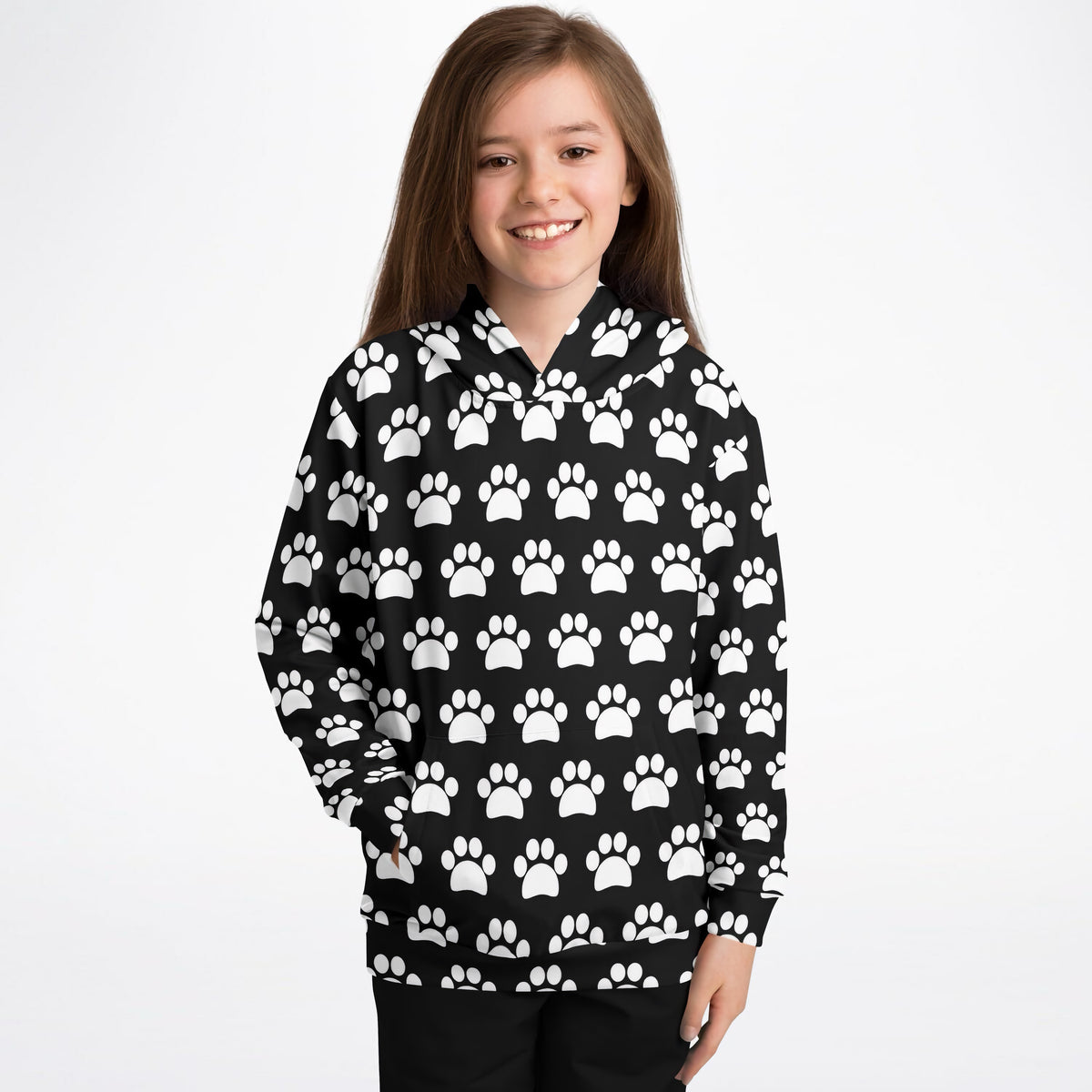 Kids Black Paw Print Hoodie – Ultra Comfy & Stretchy, Cozy Fleece or Lightweight Sports Fabric, Double-Layer Hood & Kangaroo Pocket