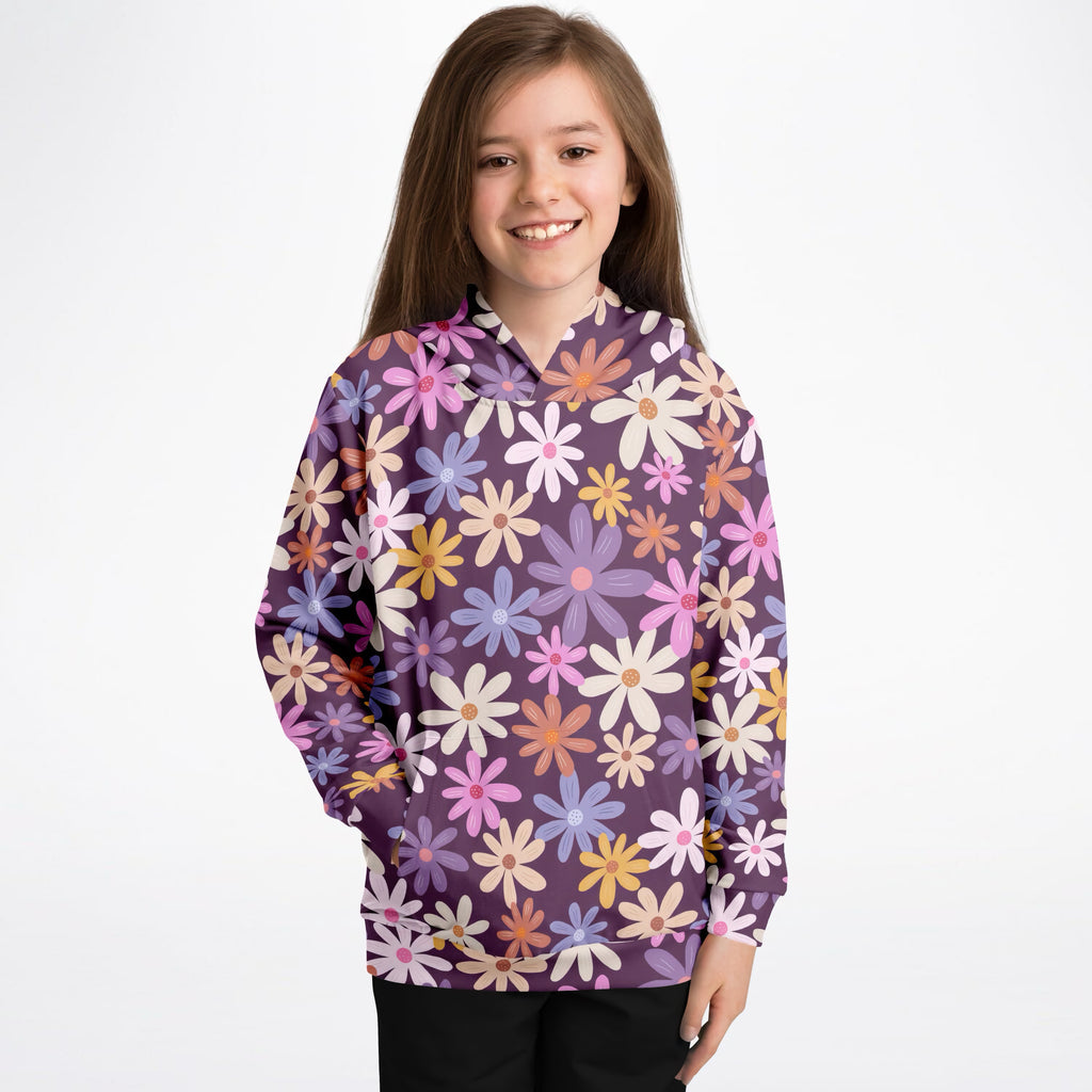 Girls Purple Retro Floral Hoodie – Ultra Comfy & Stretchy, Cozy Fleece or Lightweight Sports Fabric, Double-Layer Hood & Kangaroo Pocket