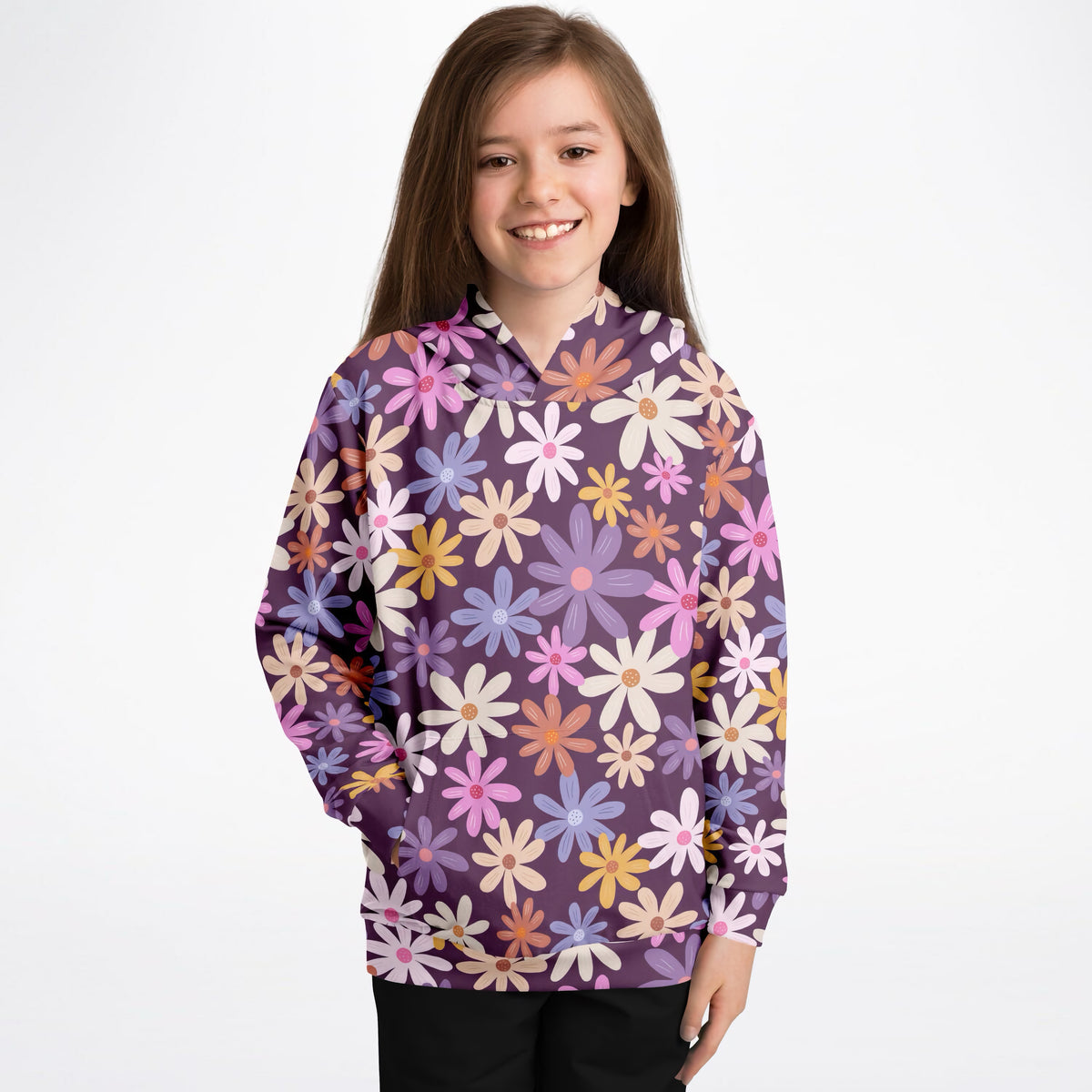Girls Purple Retro Floral Hoodie – Ultra Comfy & Stretchy, Cozy Fleece or Lightweight Sports Fabric, Double-Layer Hood & Kangaroo Pocket