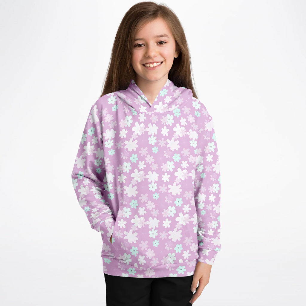 Girls Lavender Purple Floral Hoodie – Ultra Comfy & Stretchy, Cozy Fleece or Lightweight Sports Fabric, Double-Layer Hood & Kangaroo Pocket
