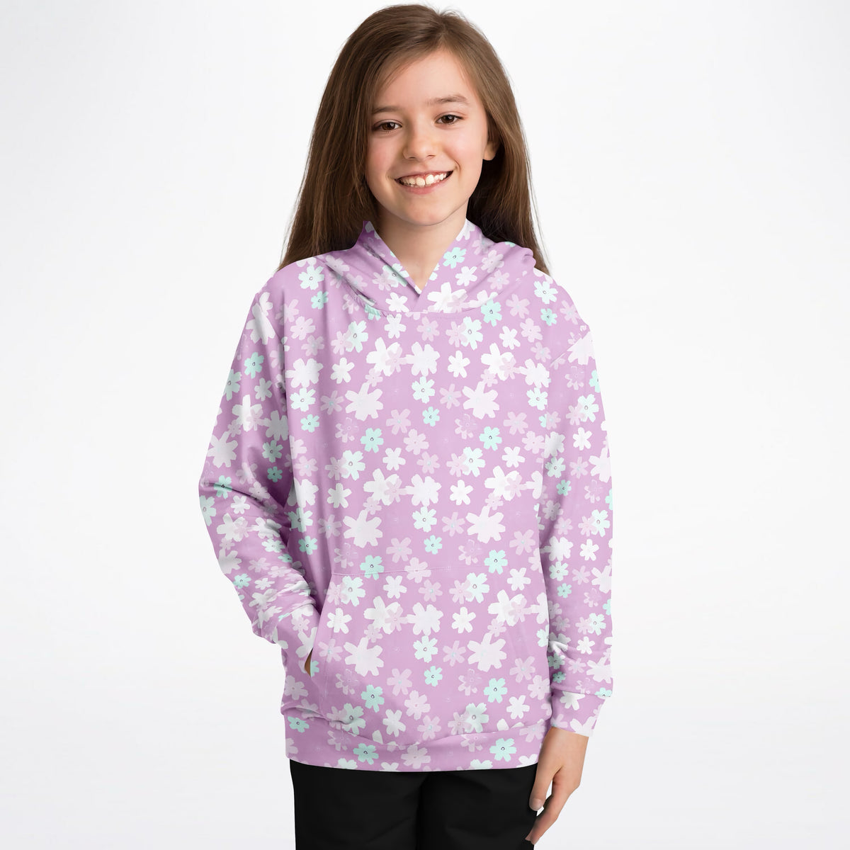 Girls Lavender Purple Floral Hoodie – Ultra Comfy & Stretchy, Cozy Fleece or Lightweight Sports Fabric, Double-Layer Hood & Kangaroo Pocket