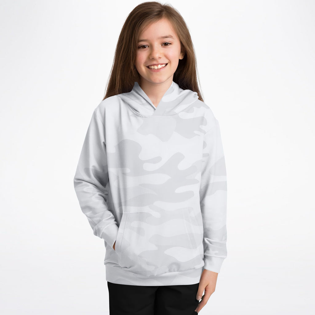 Kids White and Gray Camouflage Hoodie – Ultra Comfy & Stretchy, Cozy Fleece or Lightweight Sports Fabric, Double-Layer Hood & Kangaroo Pocket