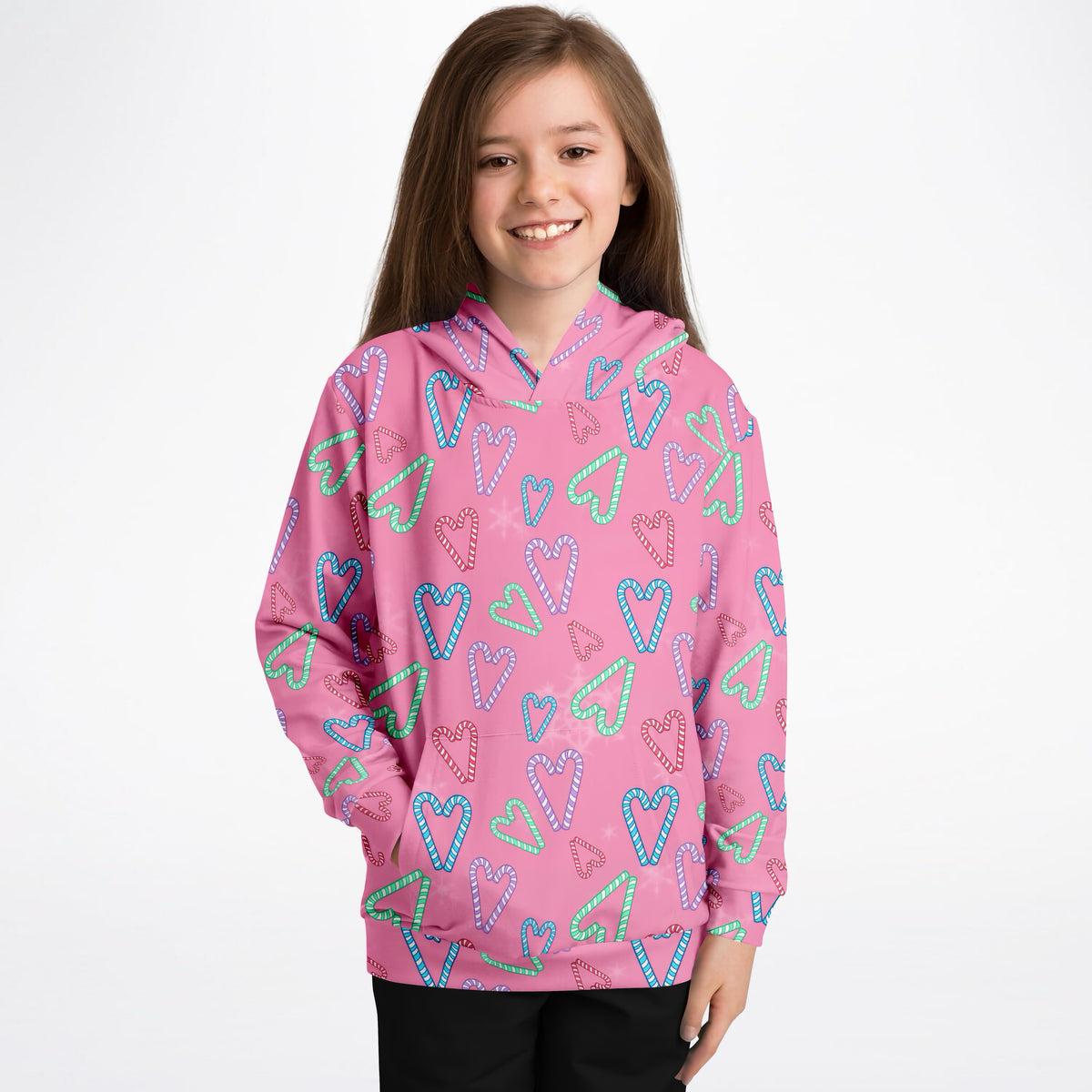 Girls Pink Christmas Candy Cane Hoodie – Ultra Comfy & Stretchy, Cozy Fleece or Lightweight Sports Fabric, Double-Layer Hood & Kangaroo Pocket