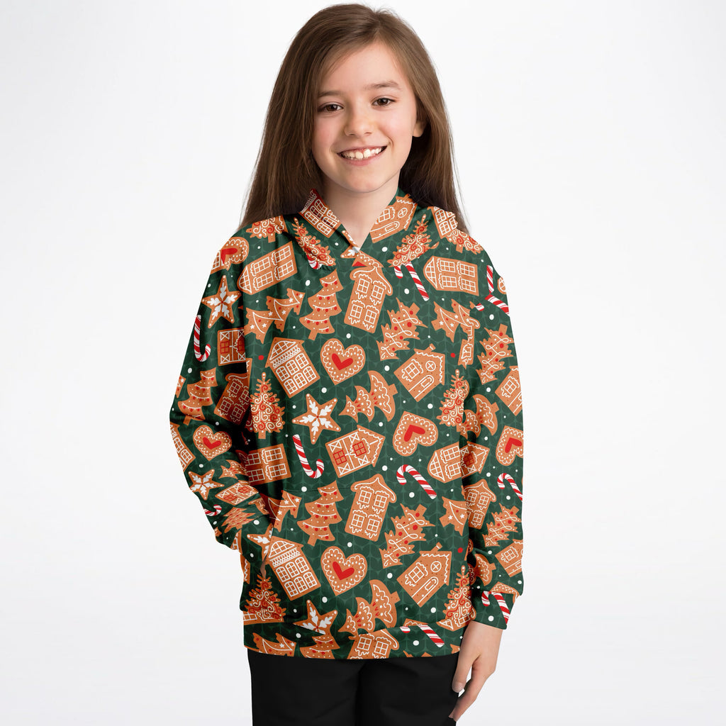 Kids Green Gingerbread Cookies Christmas Hoodie – Ultra Comfy & Stretchy, Cozy Fleece or Lightweight Sports Fabric, Double-Layer Hood & Kangaroo Pocket