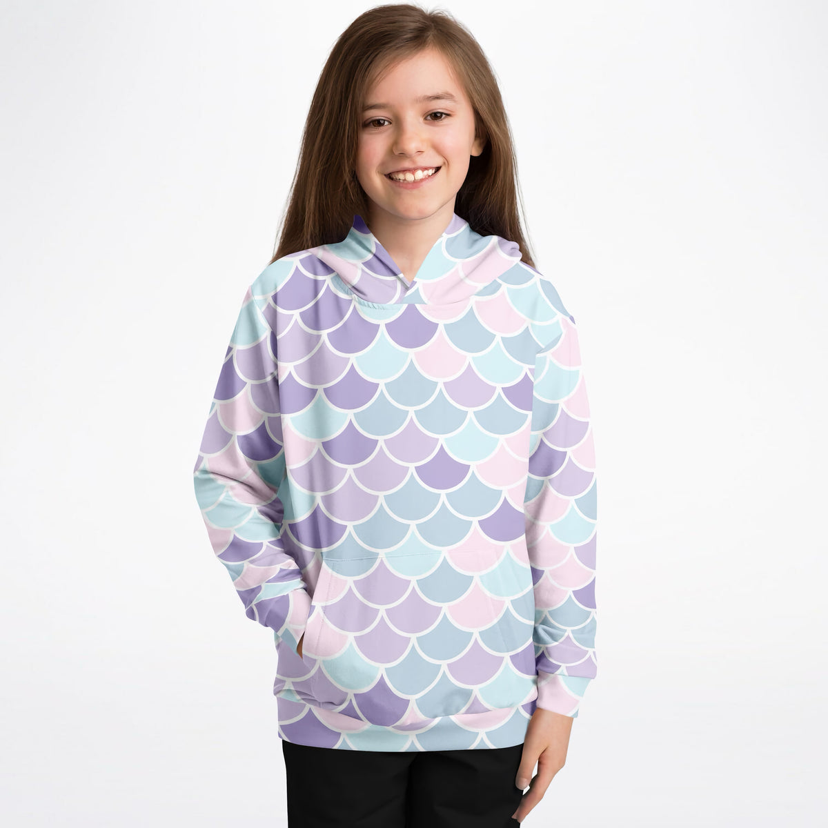 Girls Magical Pink Purple & Blue Mermaid Scales Hoodie – Ultra Comfy & Stretchy, Cozy Fleece or Lightweight Sports Fabric, Double-Layer Hood & Kangaroo Pocket
