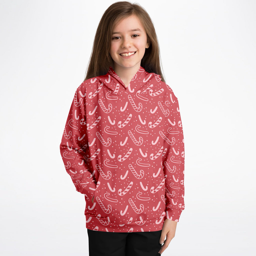 Kids Red Candy Cane Christmas Hoodie – Ultra Comfy & Stretchy, Cozy Fleece or Lightweight Sports Fabric, Double-Layer Hood & Kangaroo Pocket
