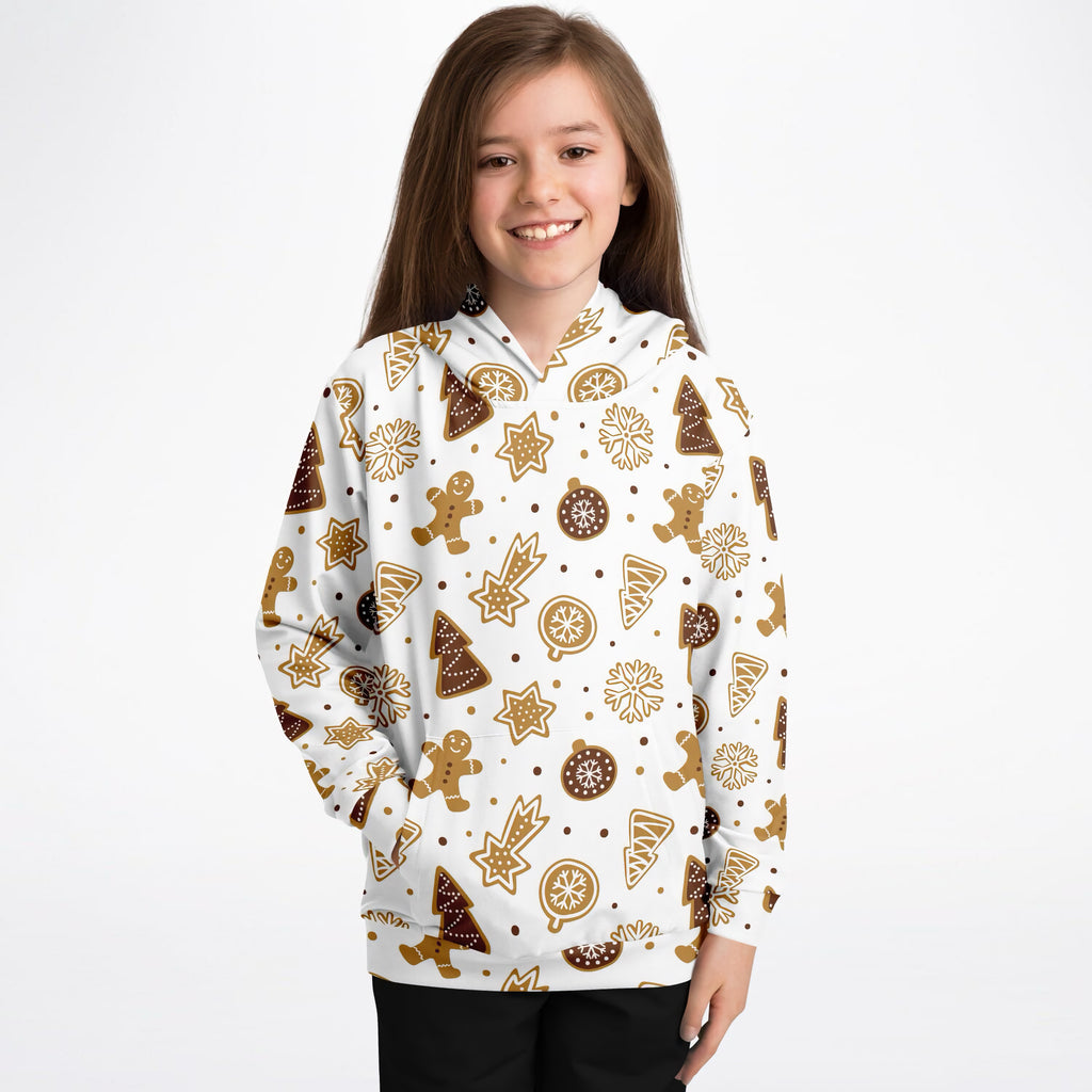 Kids Gingerbread Cookies Christmas Hoodie – Ultra Comfy & Stretchy, Cozy Fleece or Lightweight Sports Fabric, Double-Layer Hood & Kangaroo Pocket