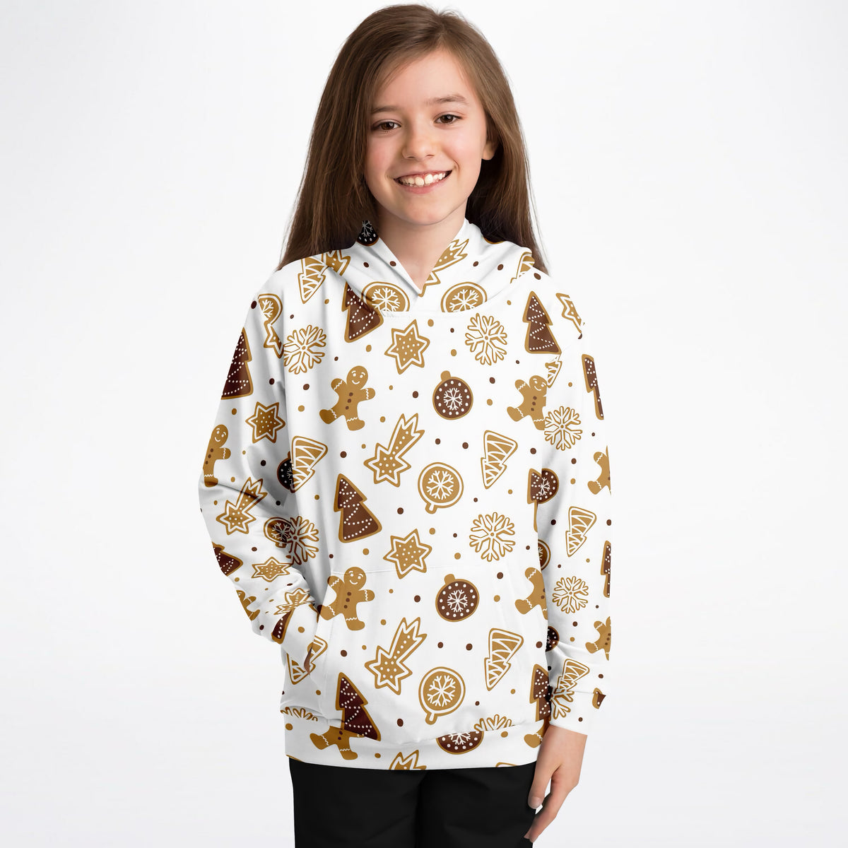 Kids Gingerbread Cookies Christmas Hoodie – Ultra Comfy & Stretchy, Cozy Fleece or Lightweight Sports Fabric, Double-Layer Hood & Kangaroo Pocket