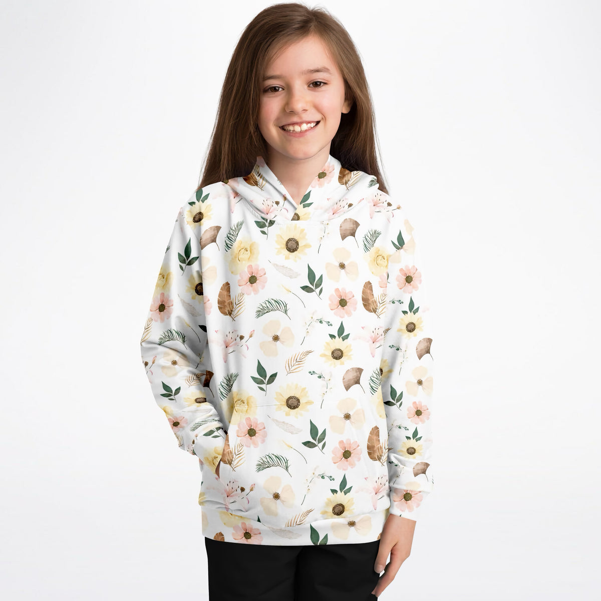Kids Beautiful Boho Floral Hoodie – Ultra Comfy & Stretchy, Cozy Fleece or Lightweight Sports Fabric, Double-Layer Hood & Kangaroo Pocket