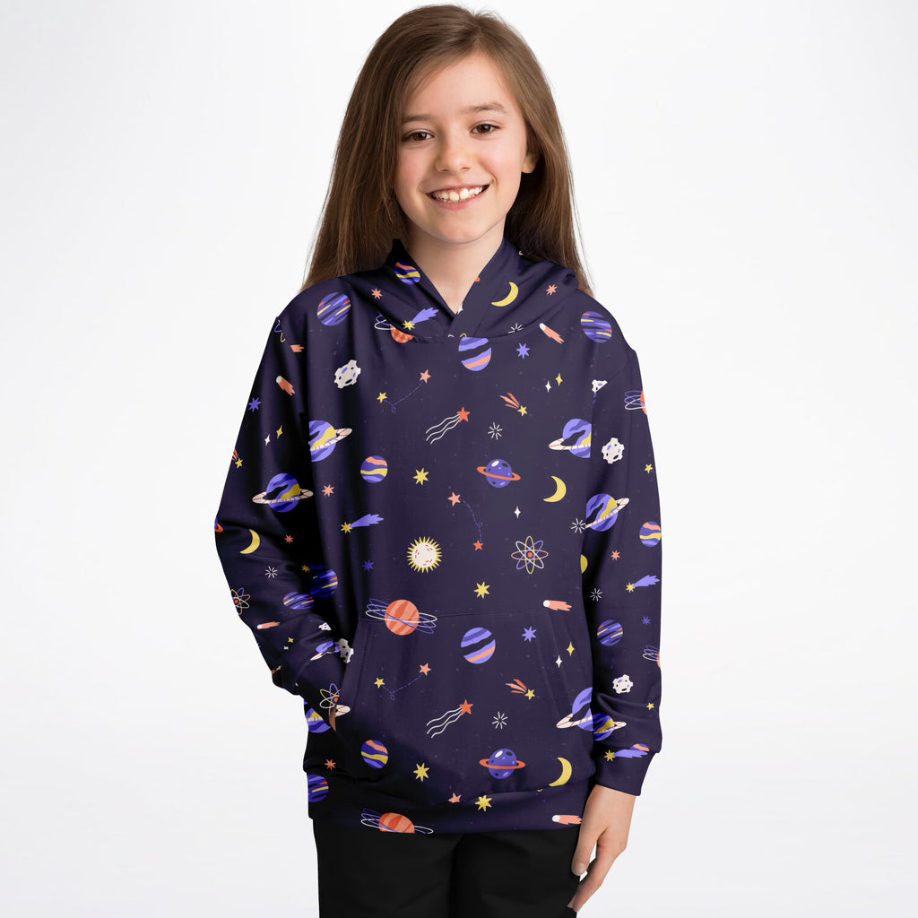 Girls Purple Outer Space Galaxy Hoodie – Ultra Comfy & Stretchy, Cozy Fleece or Lightweight Sports Fabric, Double-Layer Hood & Kangaroo Pocket