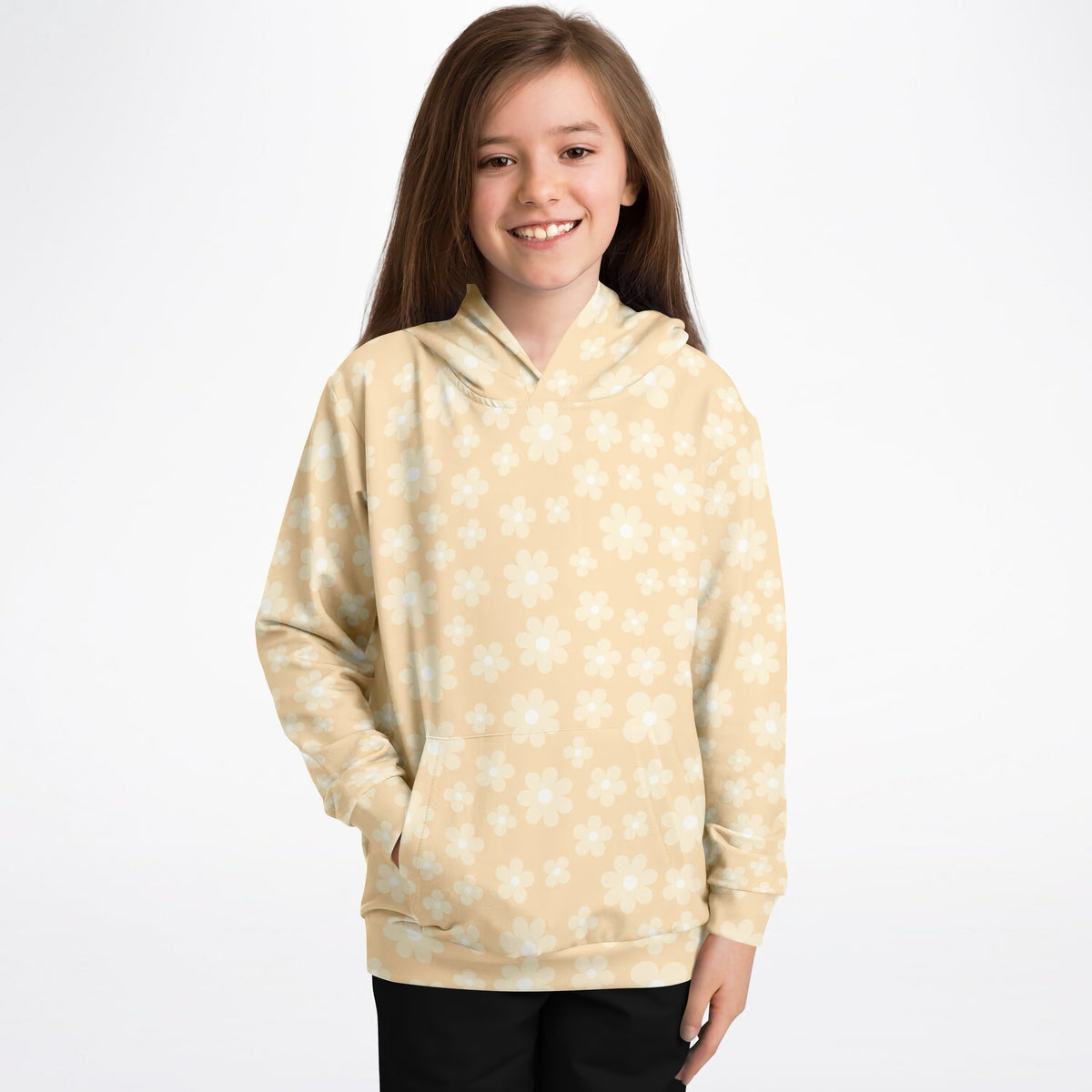 Girls Cream Daisy Floral Hoodie – Ultra Comfy & Stretchy, Cozy Fleece or Lightweight Sports Fabric, Double-Layer Hood & Kangaroo Pocket