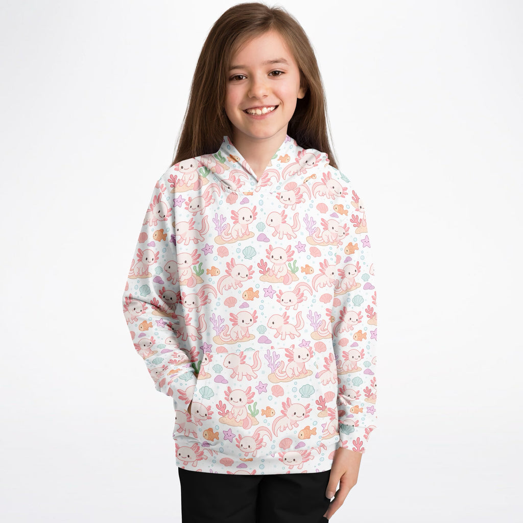 Girls Axolotl Hoodie – Ultra Comfy & Stretchy, Cozy Fleece or Lightweight Sports Fabric, Double-Layer Hood & Kangaroo Pocket